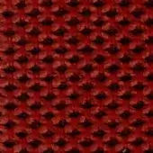 Red textured fabric with repeating circular pattern and horizontal lines, dense weave, subtle tonal variations, and tactile nubby surface.